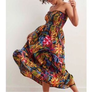 Aerie Strapless Hawaiian Tropical Smocked Midi Dress Size S